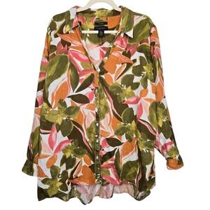 Tahari 100% Linen Long Sleeve Tropical‎ Floral Leaf Pattern Long Sleeve Sz 3X